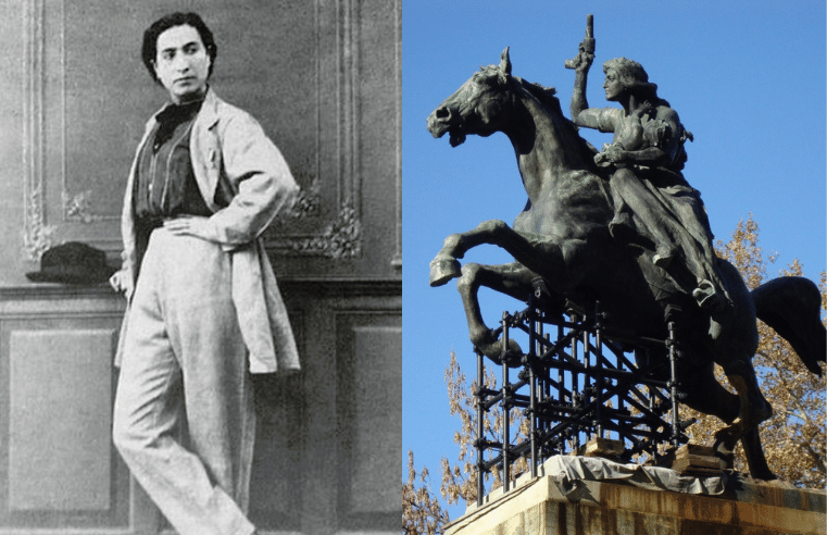 Retrato de Anita Garibaldi vestida como um homem ao lado da imagem do seu mausoléu em Roma