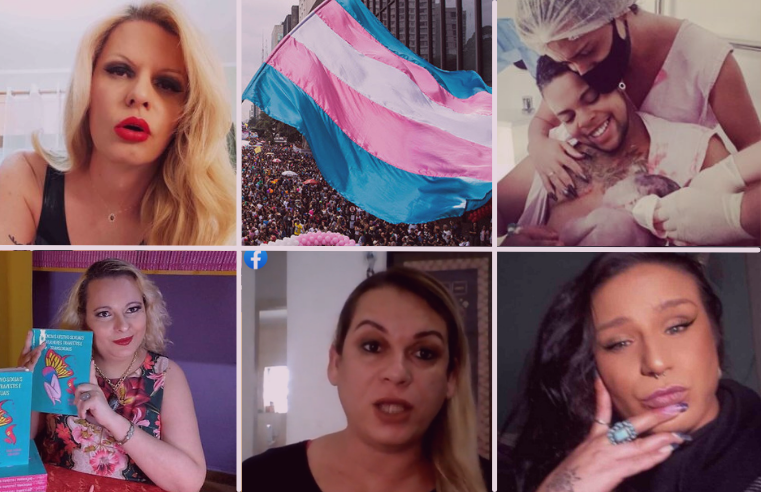 montagem com 4 fotos de mulheres trans, 1 homem trans e a bandeira da Visibilidade Trans